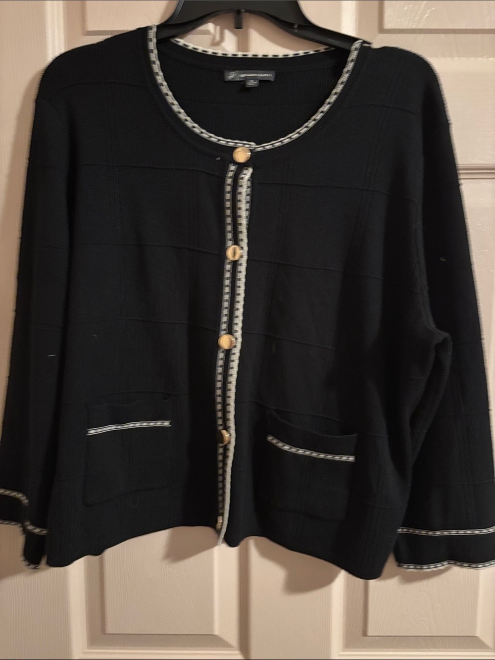Adrianna Papell Black Cardigan with Cream Trim and Gold Buttons